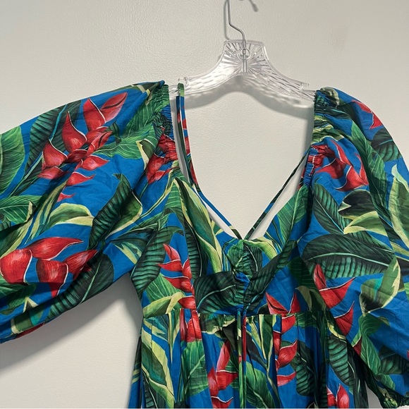 Farm Rio Dream Garden Tropical Puff Sleeve Beaded Tiered Midi Dress Small - Picture 3 of 13